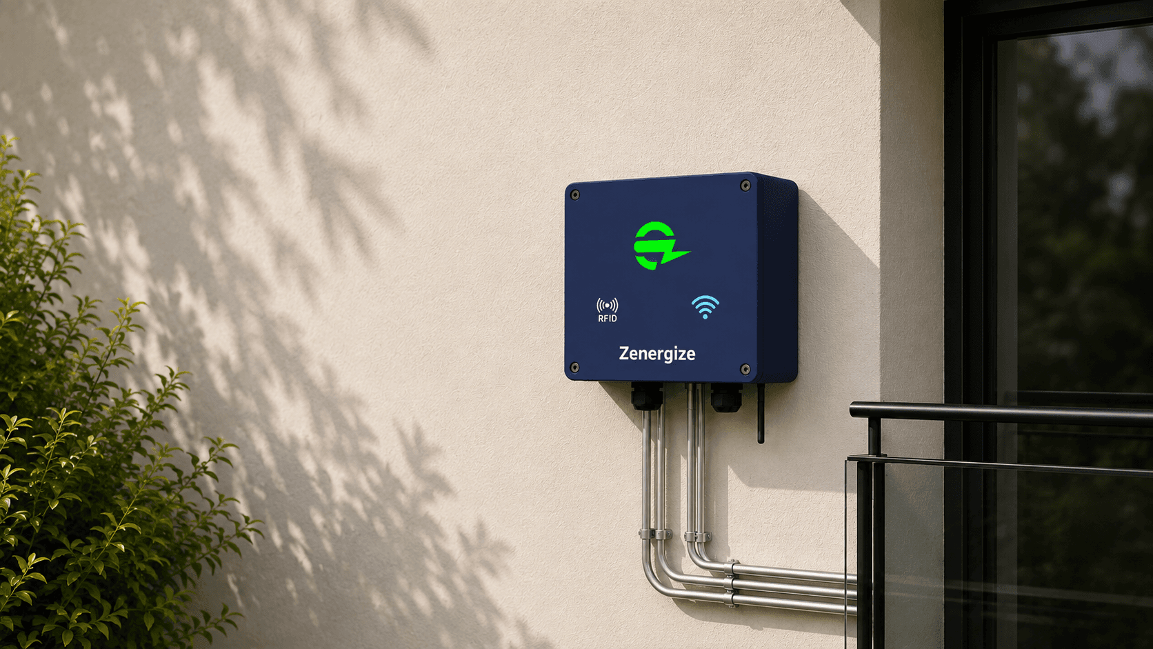 Zenergize AC EV charger installed on a residential balcony wall