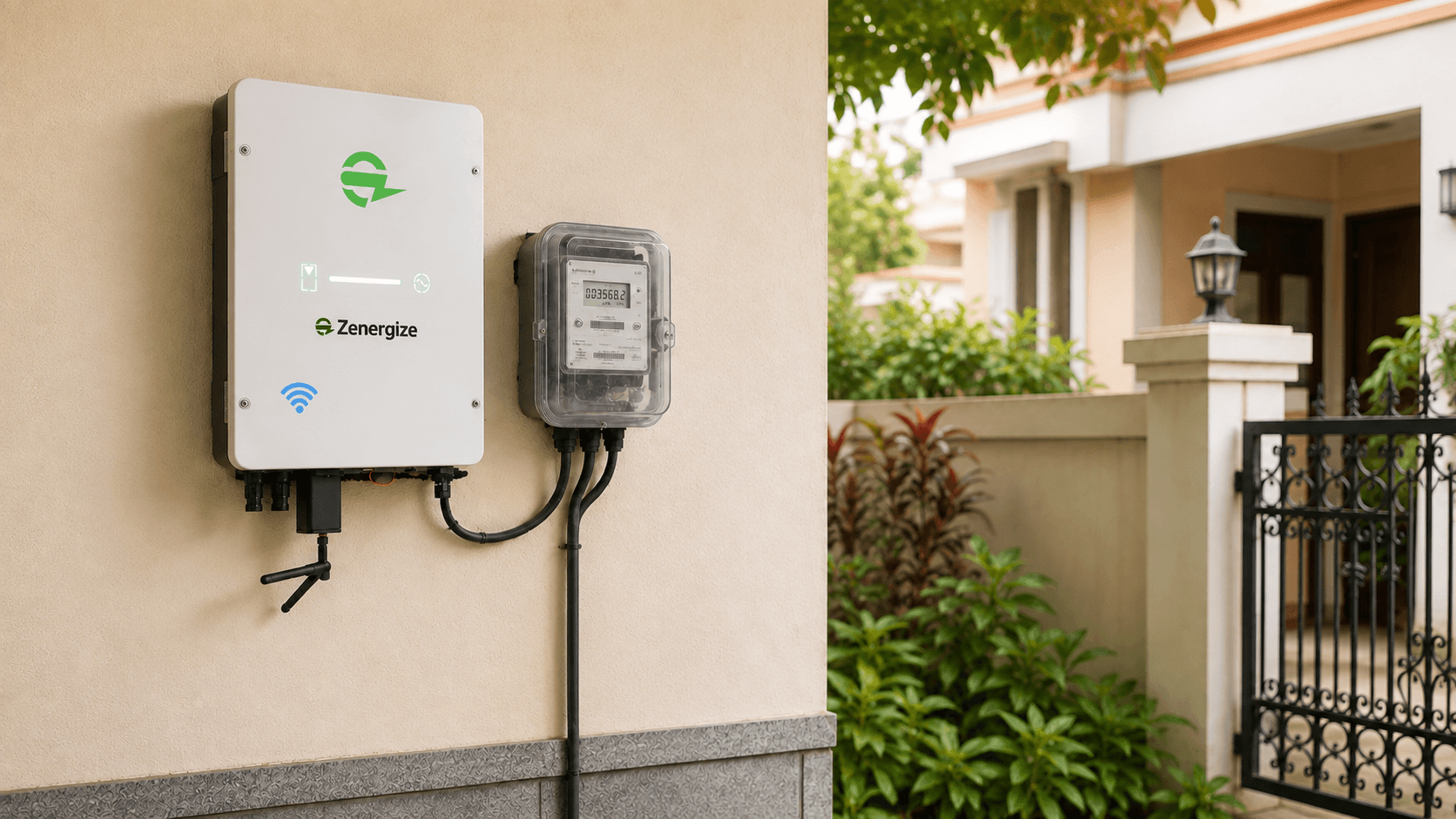 Zenergize SiC solar inverter installed beside a rooftop solar array
