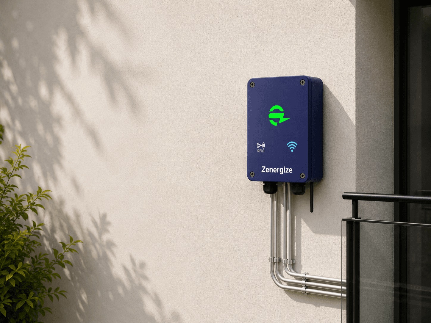 Zenergize AC EV charger installed on a residential balcony wall