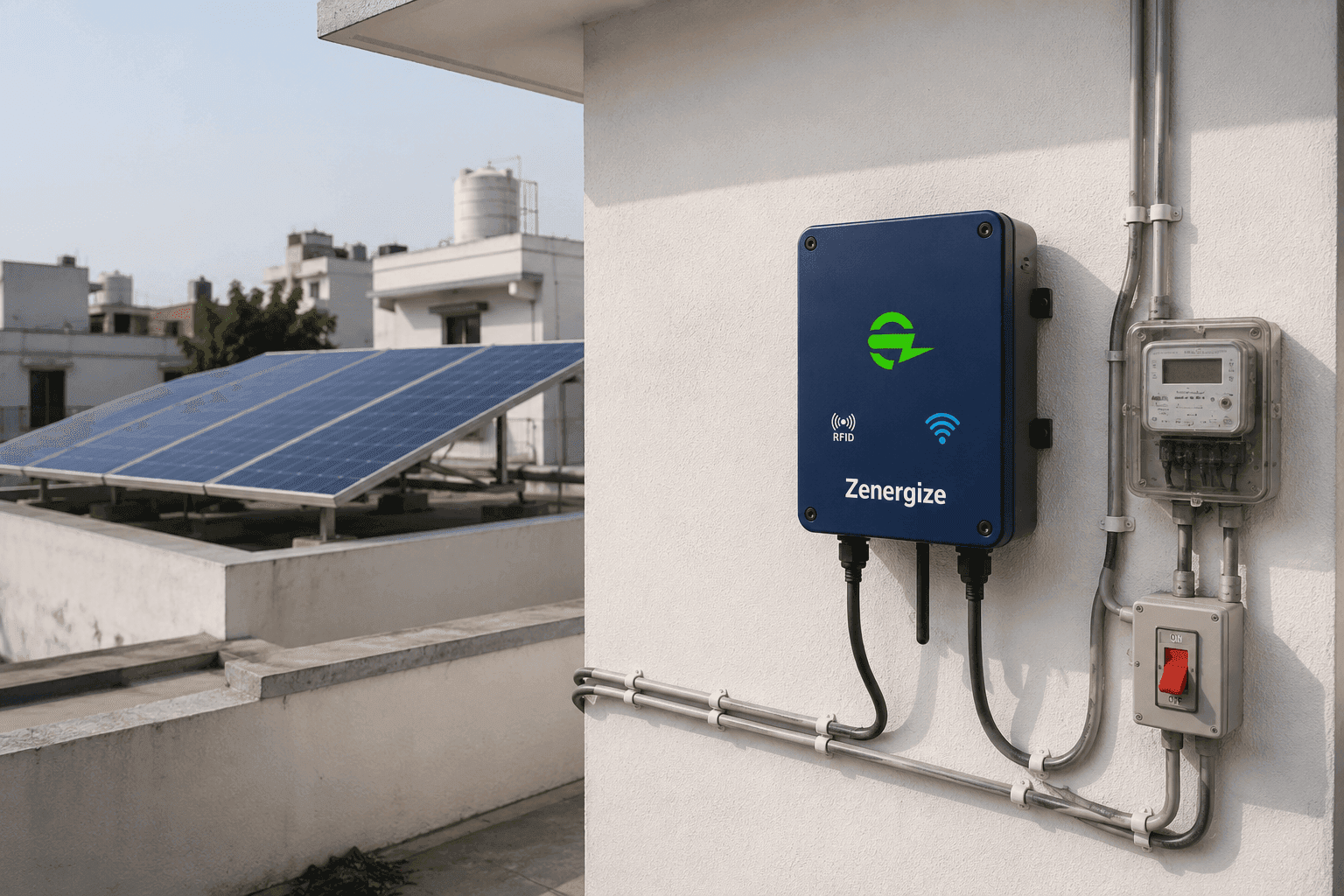 Zenergize inverter installed on a rooftop next to solar panels, connected to the grid meter