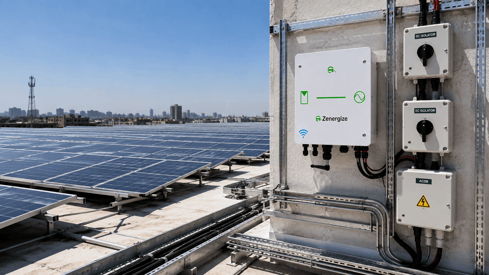 Zenergize inverter unit installed on a rooftop solar site