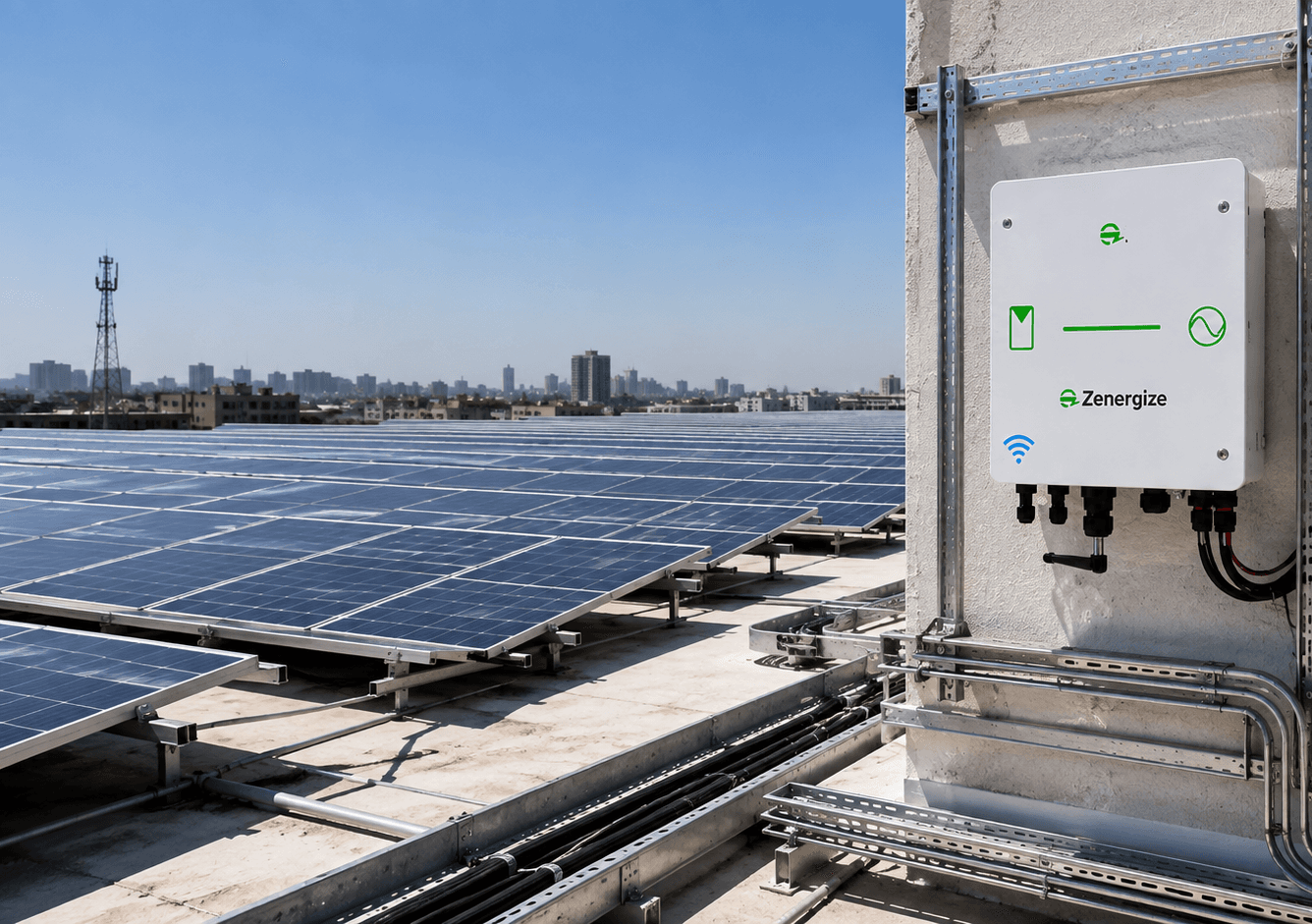 Zenergize SiC solar inverter installed beside a rooftop solar array